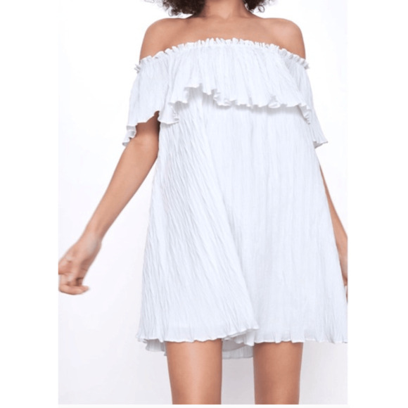 Zara Ruffled Pleated Sleeveless Short Voluminous Dress White Size M - Picture 15 of 15